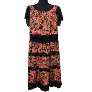 Ryan Michelle Dress Plus Size 2X Floral & Black Lace Lined Scoop Neck Festive‎